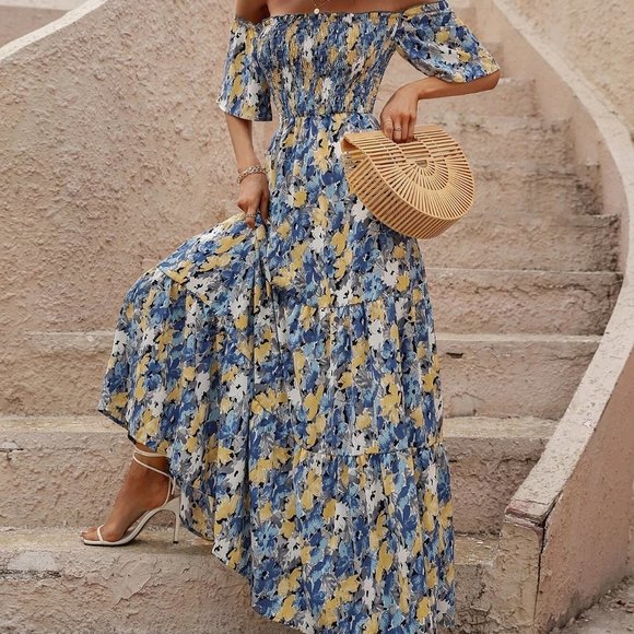 Blue Boho Womens Allover Floral Print Shirred Off Shoulder Ruffle Hem Dress - Picture 4 of 5